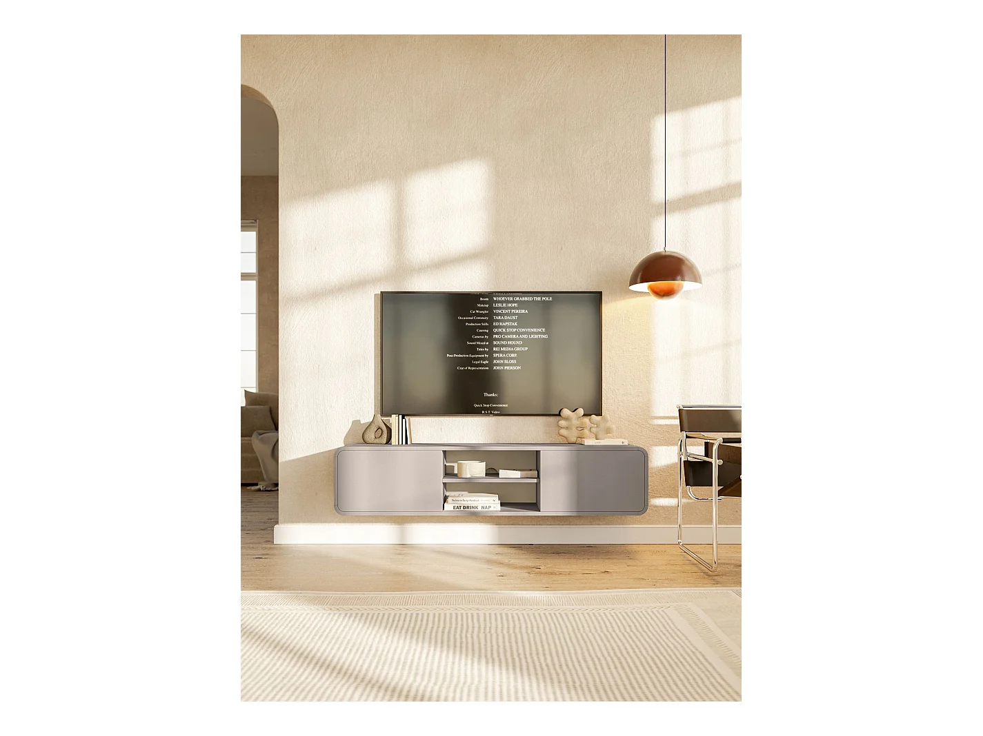 TV-meubel - 154 cm - met twee lades en een nis - hangend - donkerbeige - ORO