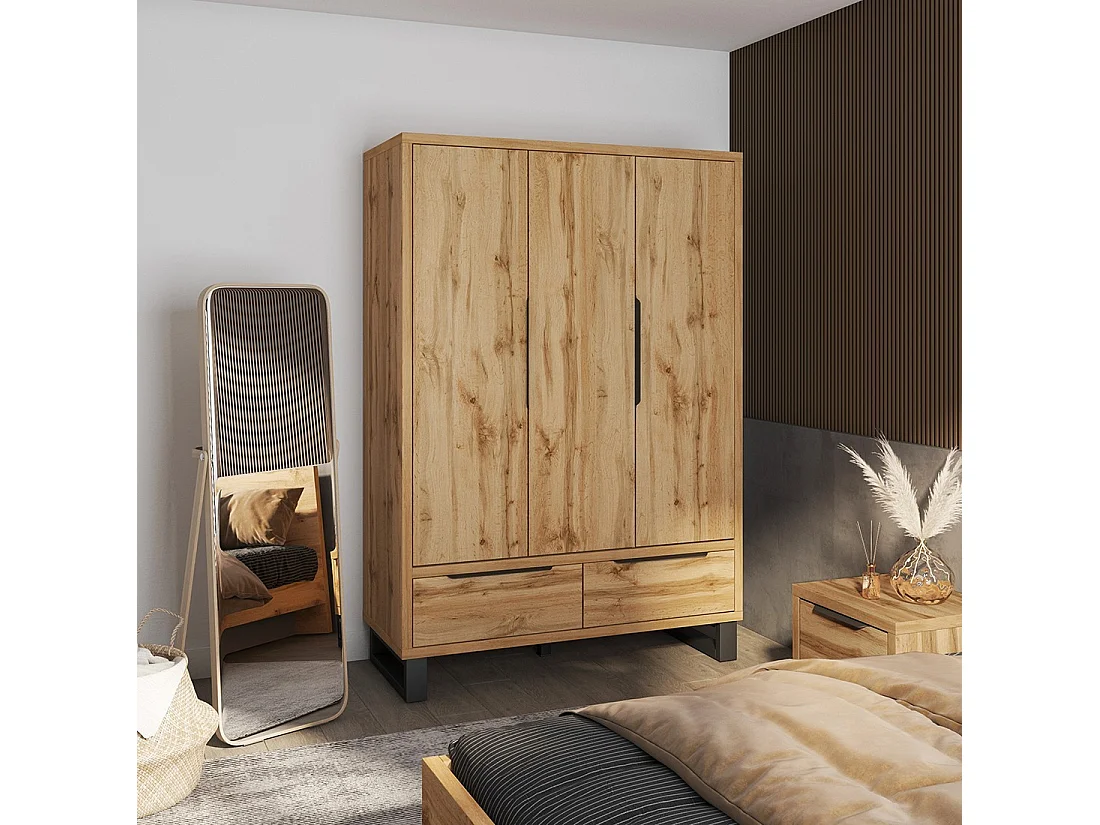 Armario de madera estilo escandinavo de 150 cm con 3 puertas y 2 cajones color roble natural. Colección MILOS.