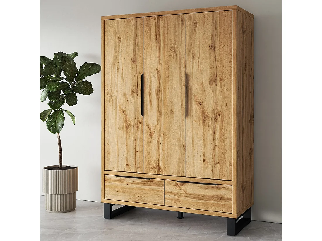 Armoire en bois style Scandinave 150cm avec 3 portes et 2 tiroirs couleur chêne brut. Collection MILOS