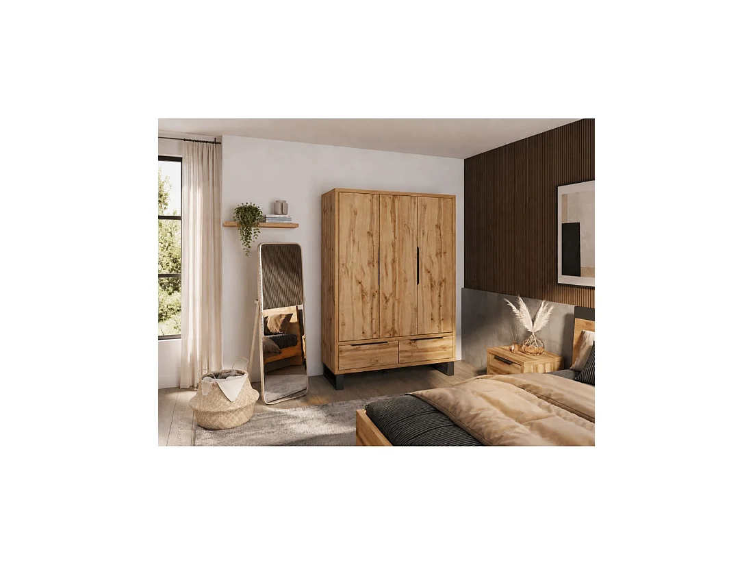 Armoire en bois style Scandinave 150cm avec 3 portes et 2 tiroirs couleur chêne brut. Collection MILOS