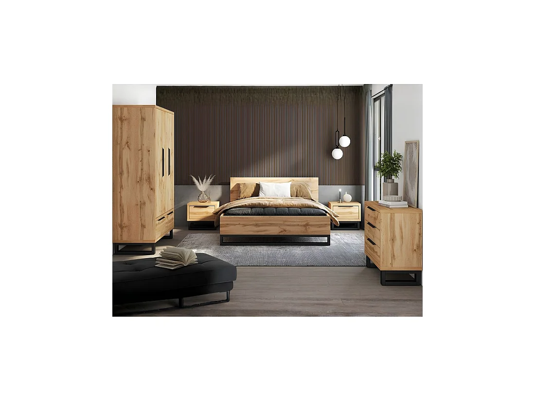 Armoire en bois style Scandinave 150cm avec 3 portes et 2 tiroirs couleur chêne brut. Collection MILOS
