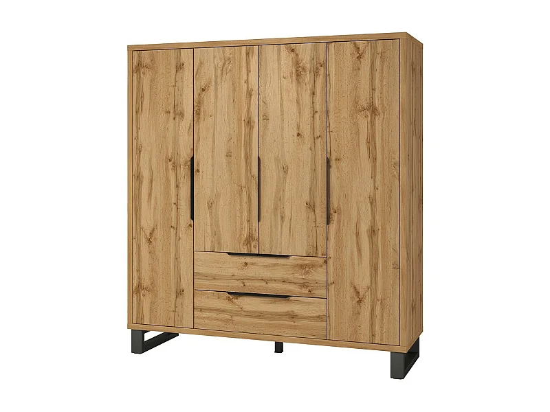 Armario de madera estilo escandinavo de 190 cm con 4 puertas y 2 cajones en color roble natural. Colección MILOS.