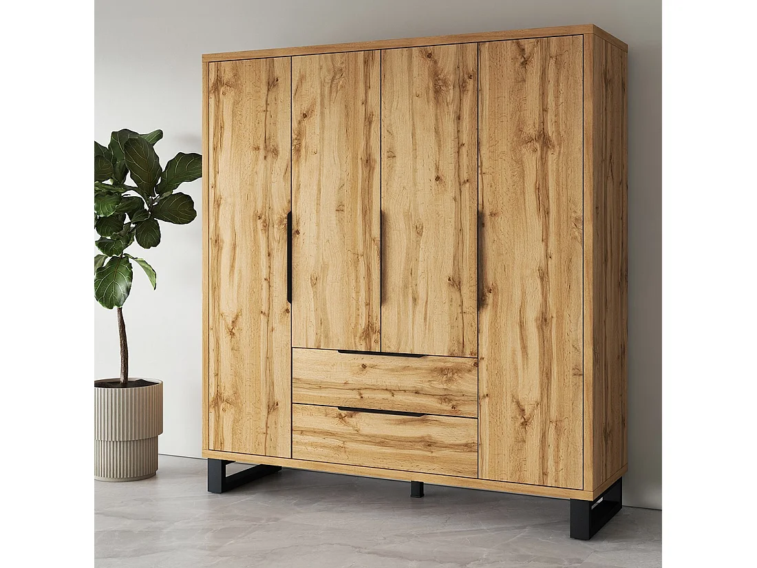 Armario de madera estilo escandinavo de 190 cm con 4 puertas y 2 cajones en color roble natural. Colección MILOS.