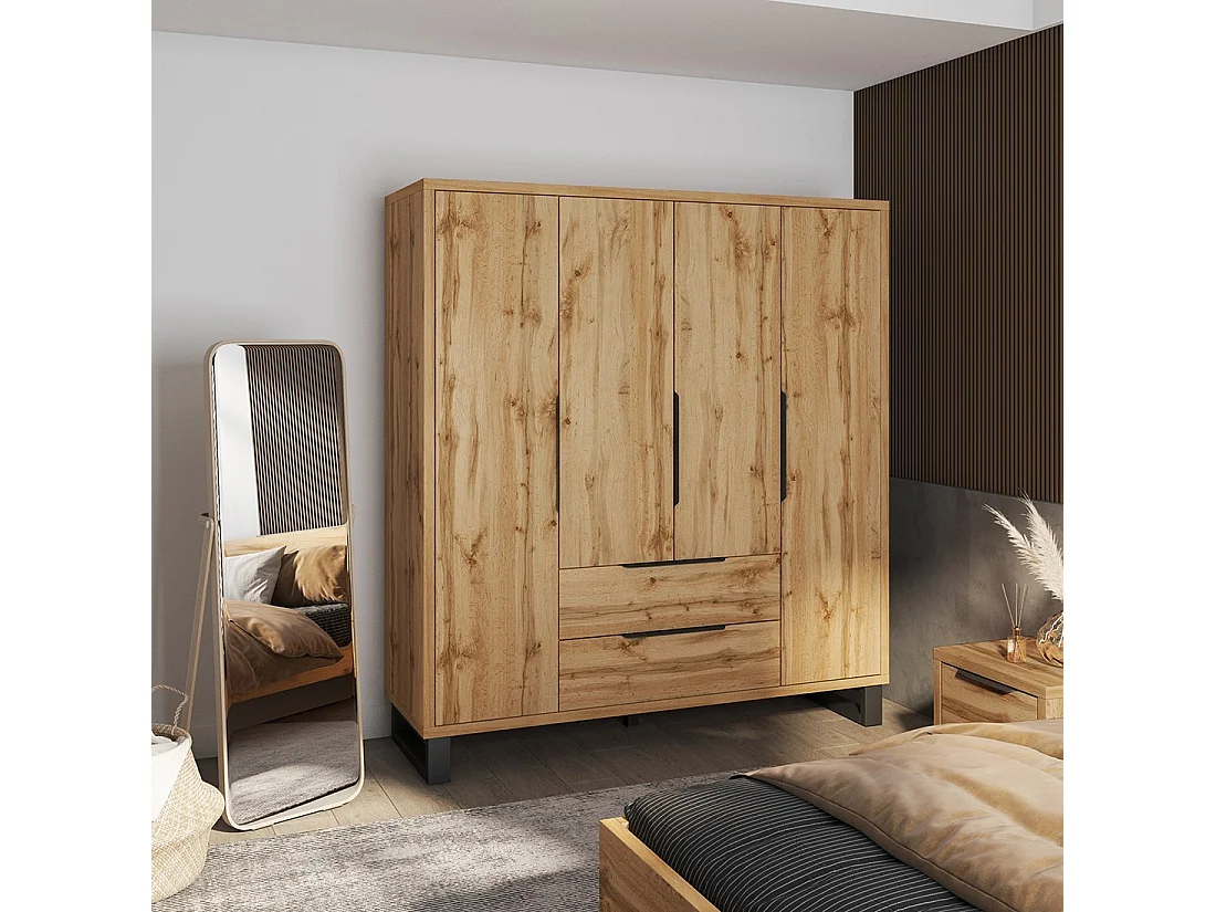 Armario de madera estilo escandinavo de 190 cm con 4 puertas y 2 cajones en color roble natural. Colección MILOS.