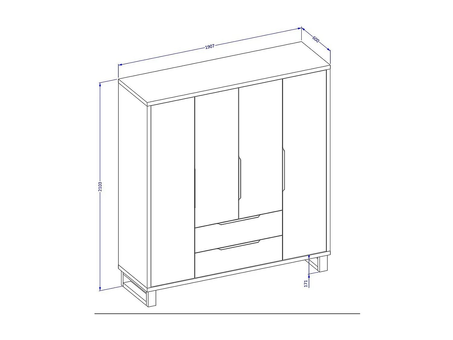 Armoire en bois style Scandinave 190cm avec 4 portes et 2 tiroirs couleur chêne brut. Collection MILOS