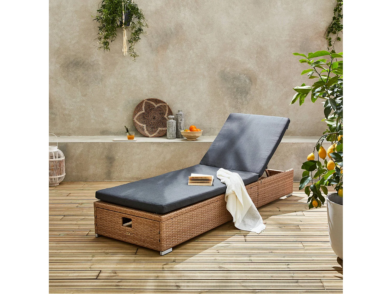 Tumbona de resina tejida en poliéster, multiposición gris