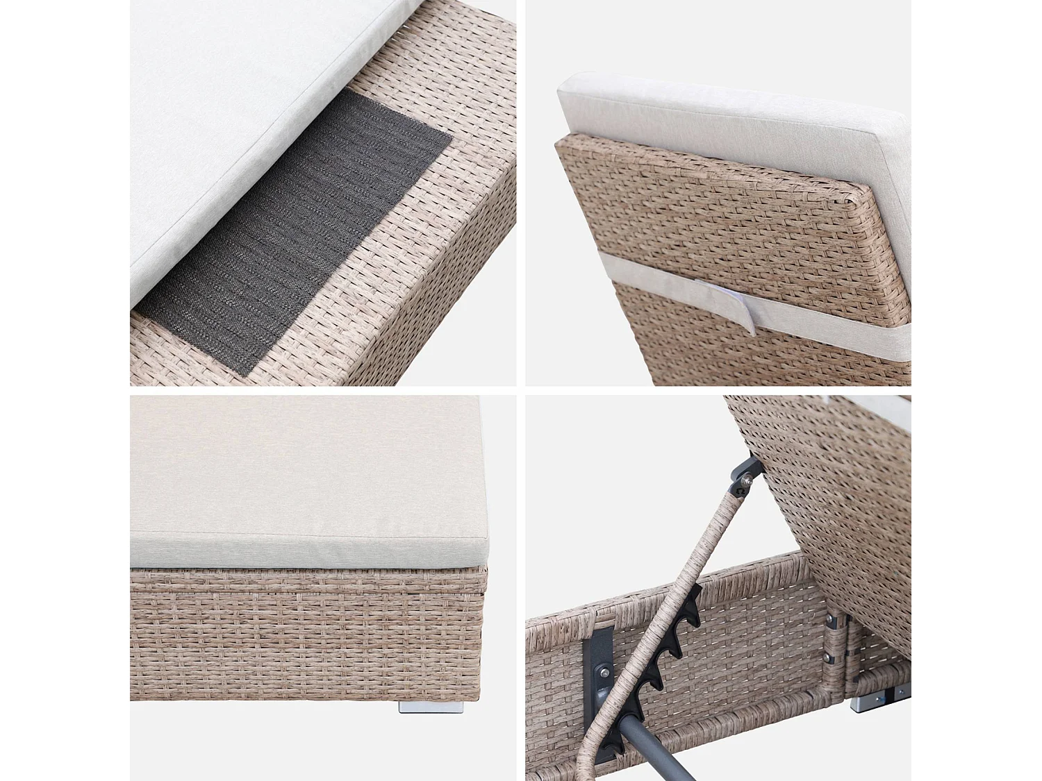 Bain de soleil. résine tressée. coussins polyester beige. multi-position. Olbia L195 x P65 x H32/97cm