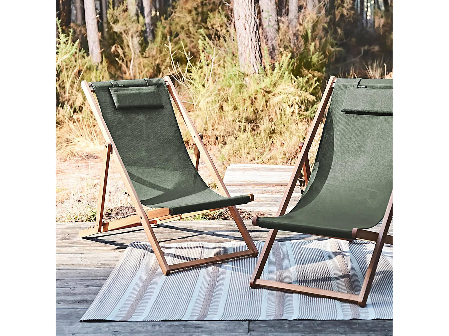 Chiliennes bois - Creus - 2 transats en bois d'Eucalyptus huilé avec coussin repose-tête savane