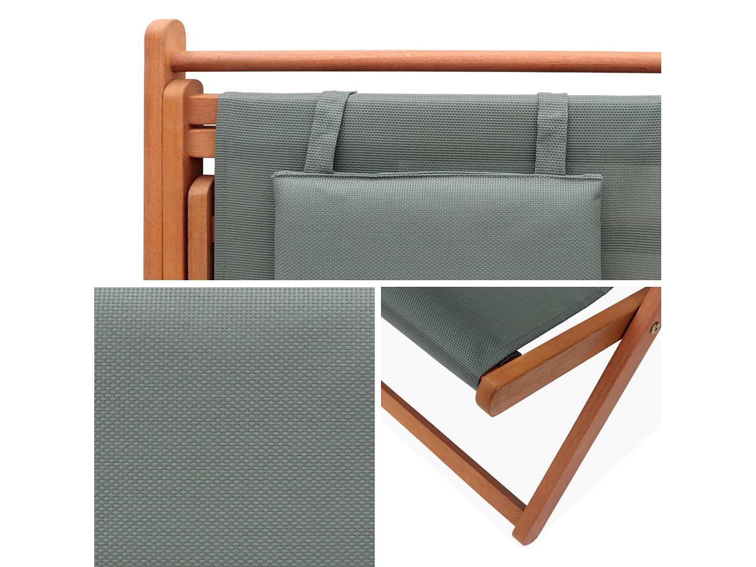 Set 2 sedie sdraio in legno con cuscino poggiatesta, verde kaki