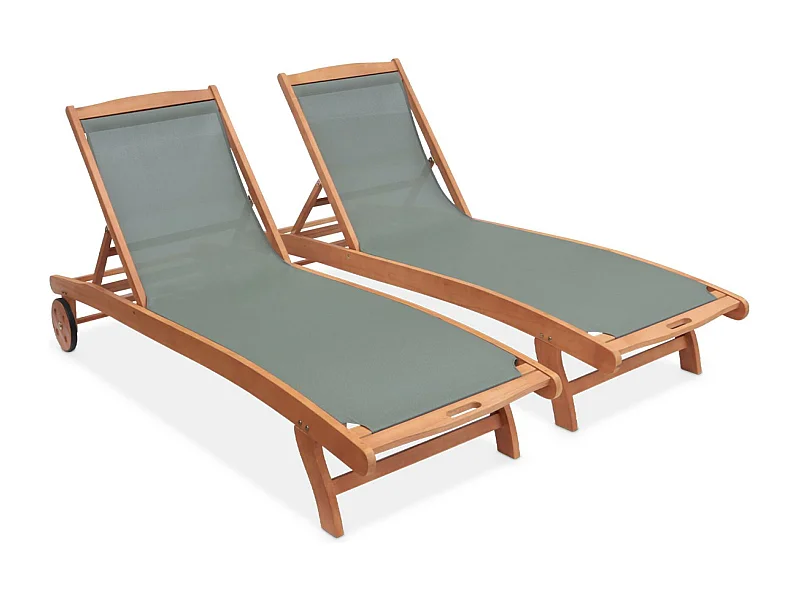 Tumbona de madera multiposición con ruedas, set de 2 verde kaki