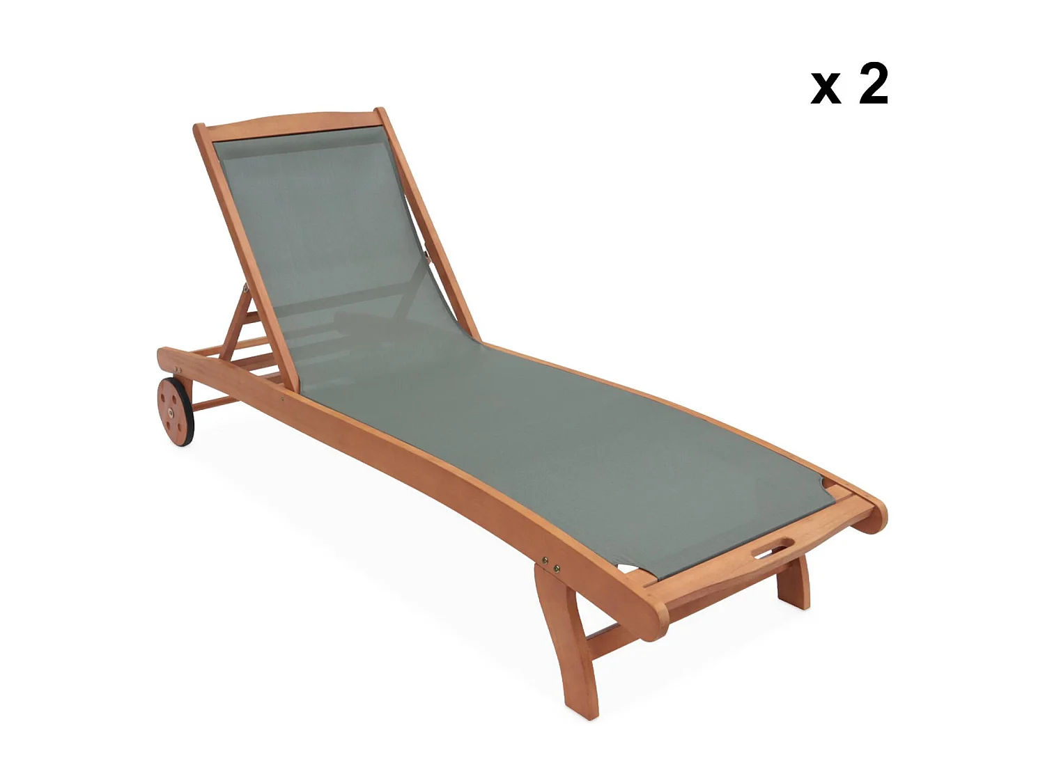 Set di 2 lettini multiposizione in legno con rotelle, verde kaki