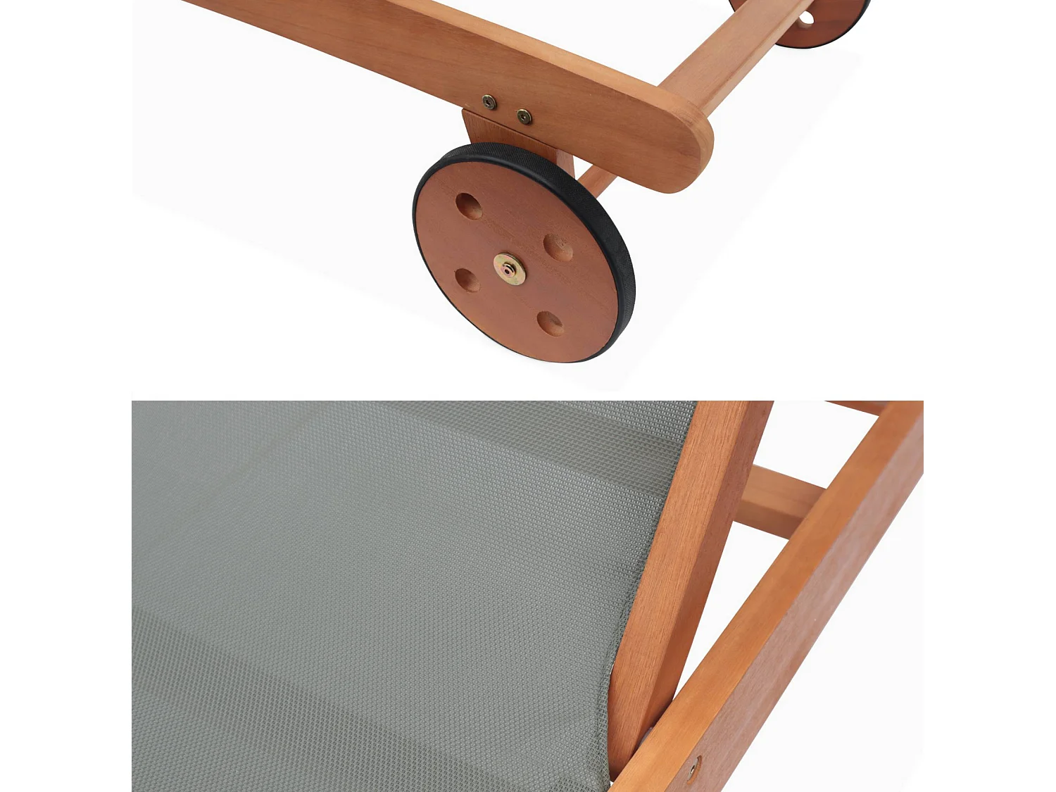 Set di 2 lettini multiposizione in legno con rotelle, verde kaki