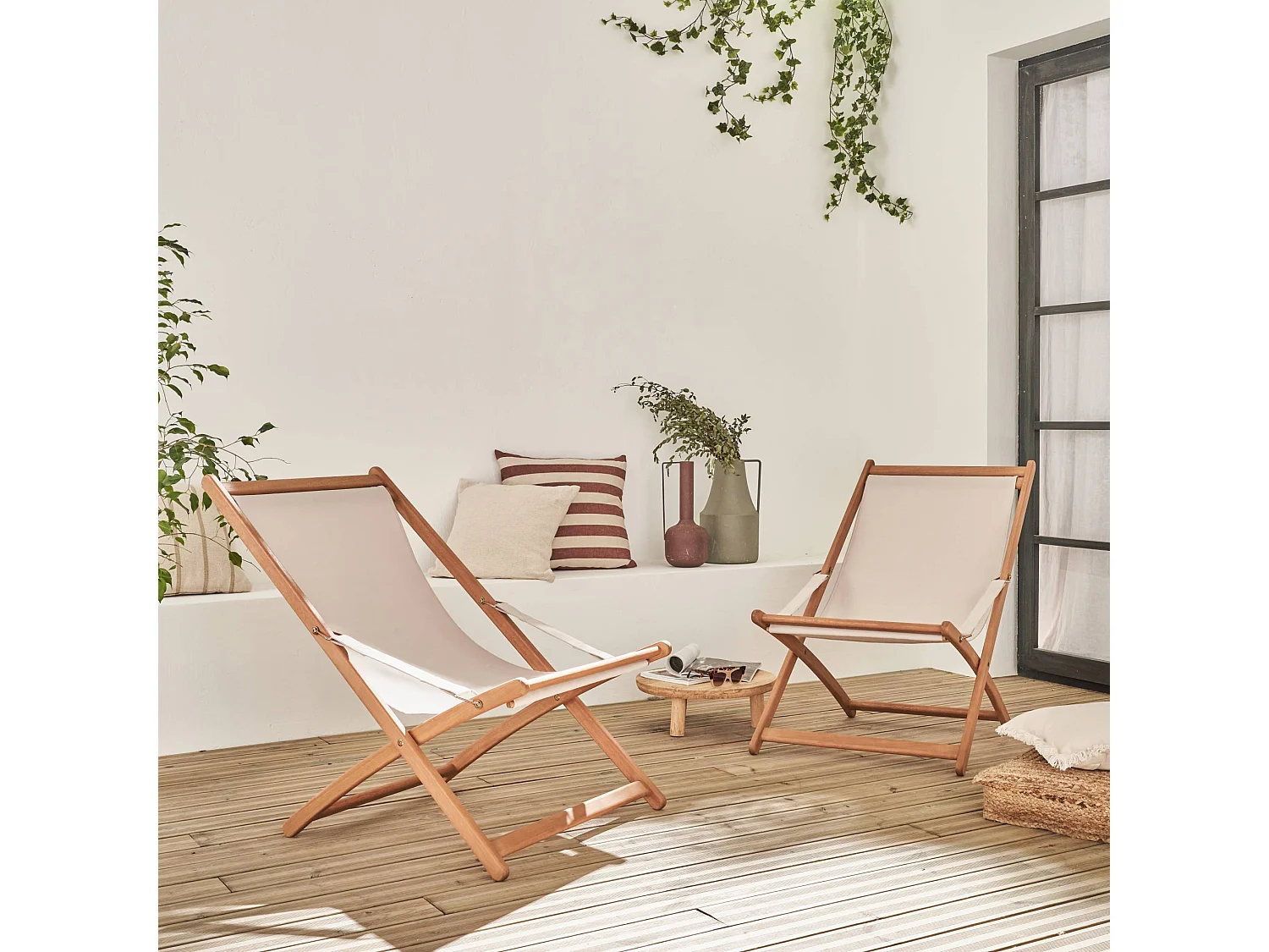 Set di 2 sedie pieghevoli in legno, sedile imbottito, beige