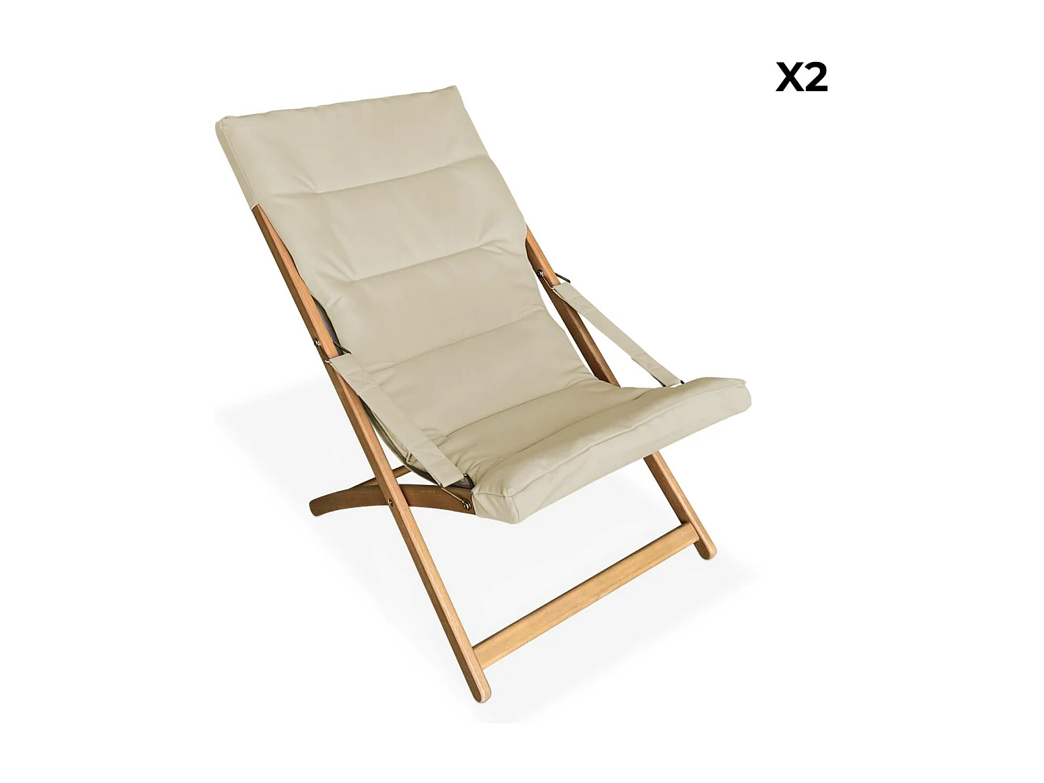 Set di 2 sedie pieghevoli in legno, sedile imbottito, beige