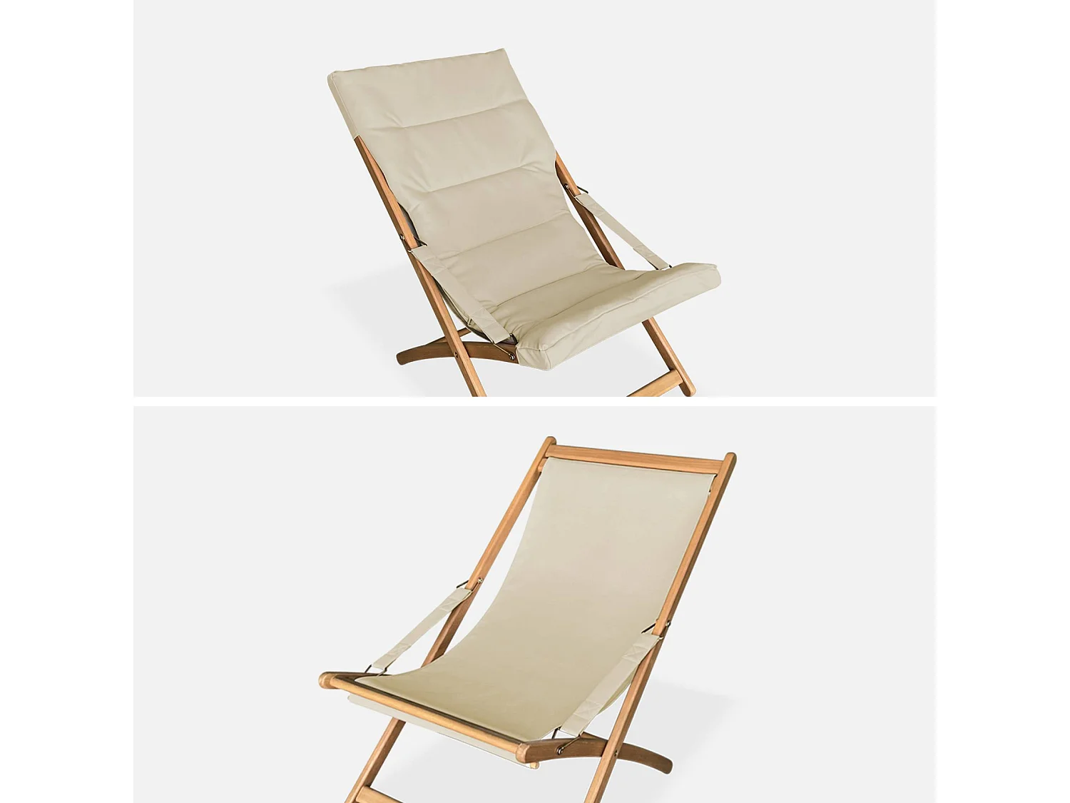 Set di 2 sedie pieghevoli in legno, sedile imbottito, beige