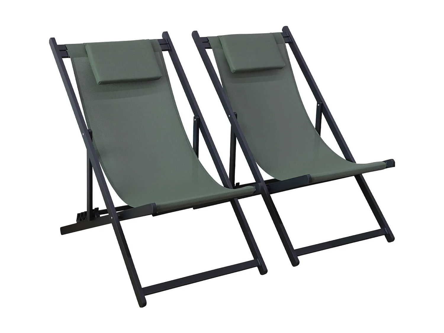 Lot de 2 bains de soleil kaki - Transat en aluminium avec coussin repose tête. chilienne