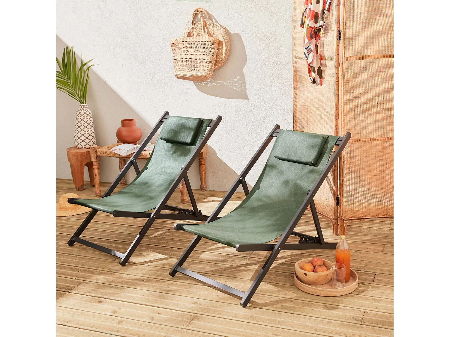 Lot de 2 bains de soleil kaki - Transat en aluminium avec coussin repose tête. chilienne