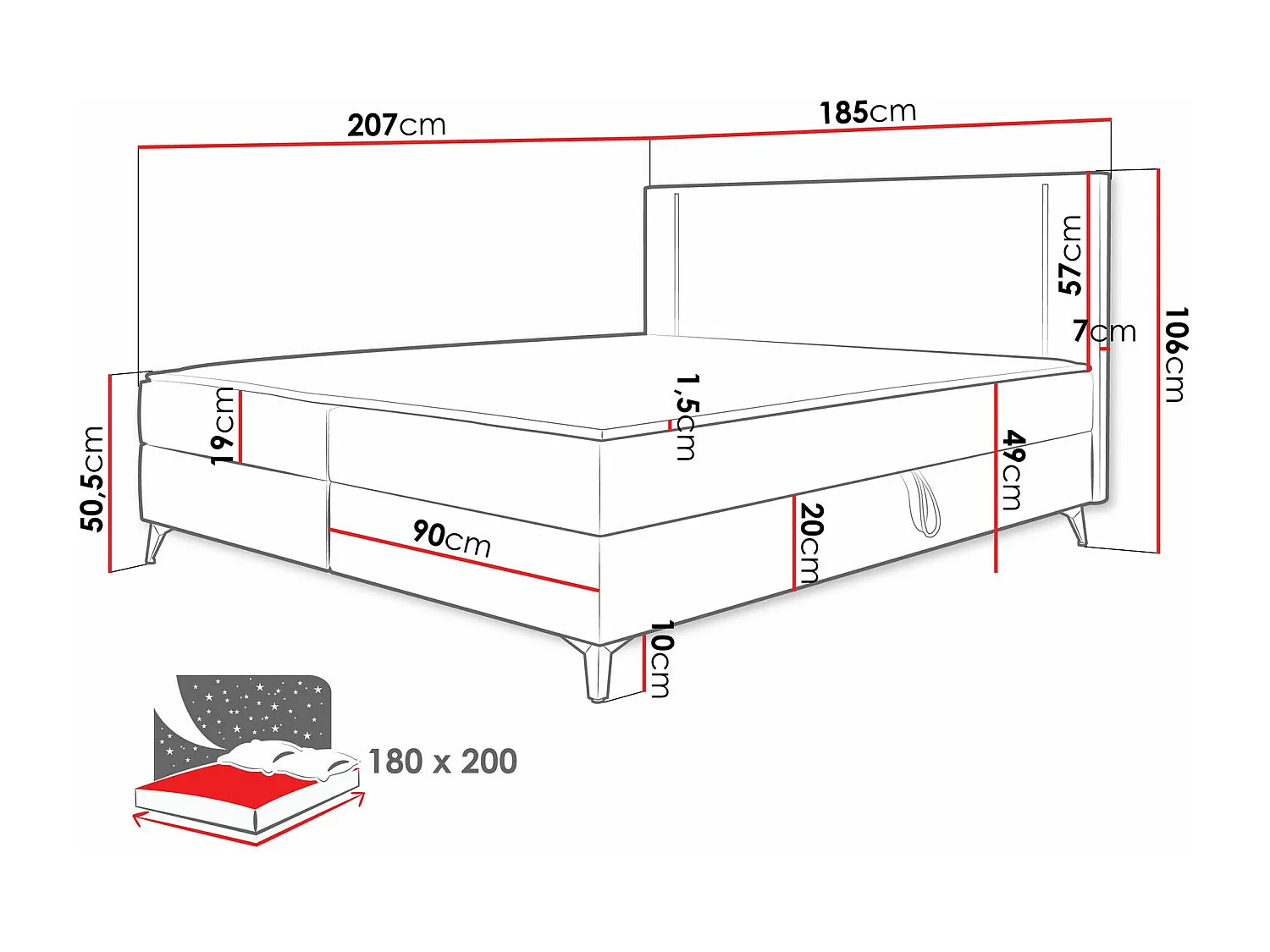 Cama continental Memphis 147, Continental, Cinzento, Tecido