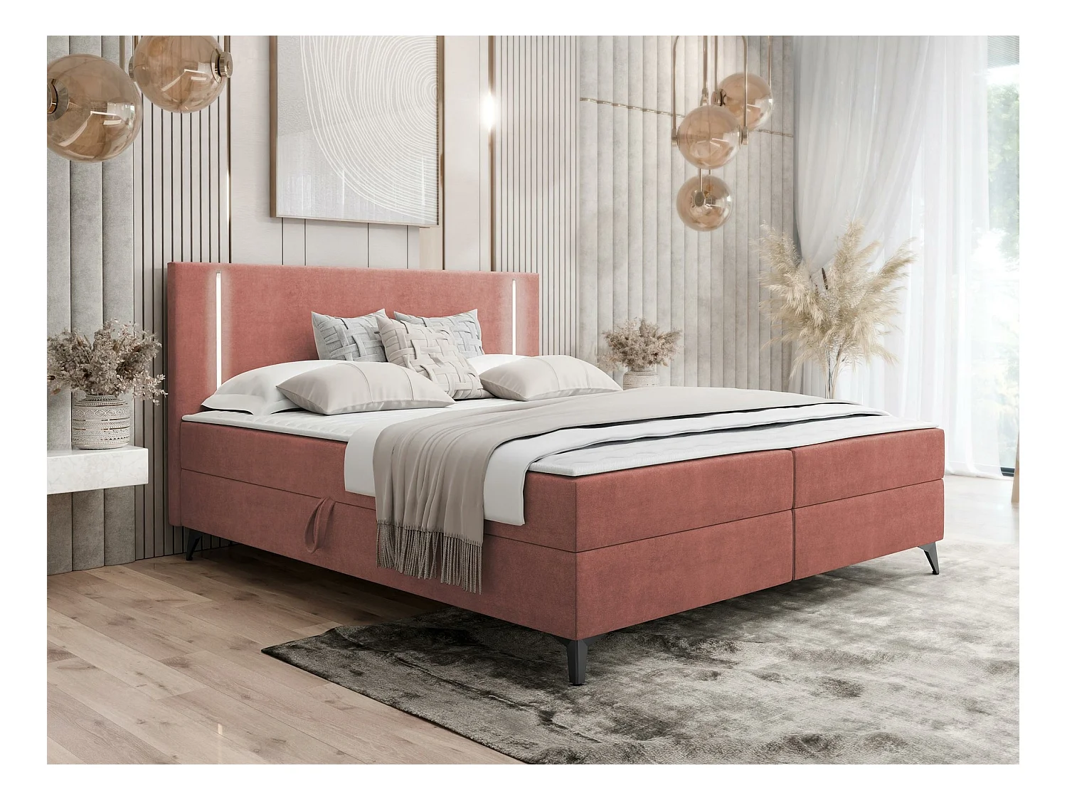 Lit continental Memphis 147, Continental, Double, Rose, 140x200, Tapisserie, 145x207cm