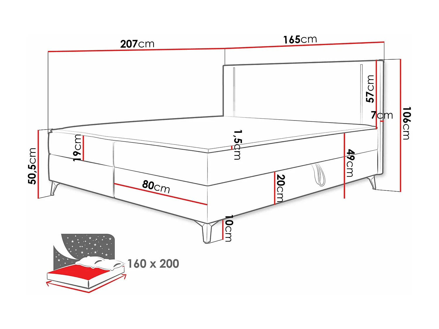 Cama continental Memphis 147, Casal, Castanho claro, Tecido