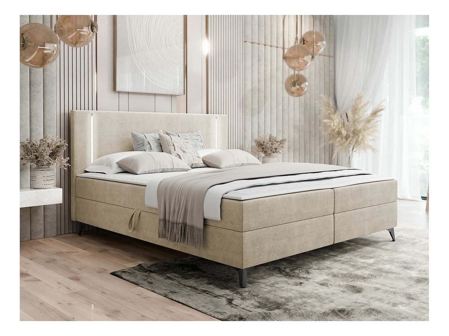 Lit continental Memphis 147, Continental, Double, Brun clair, 160x200, Tapisserie, 165cm