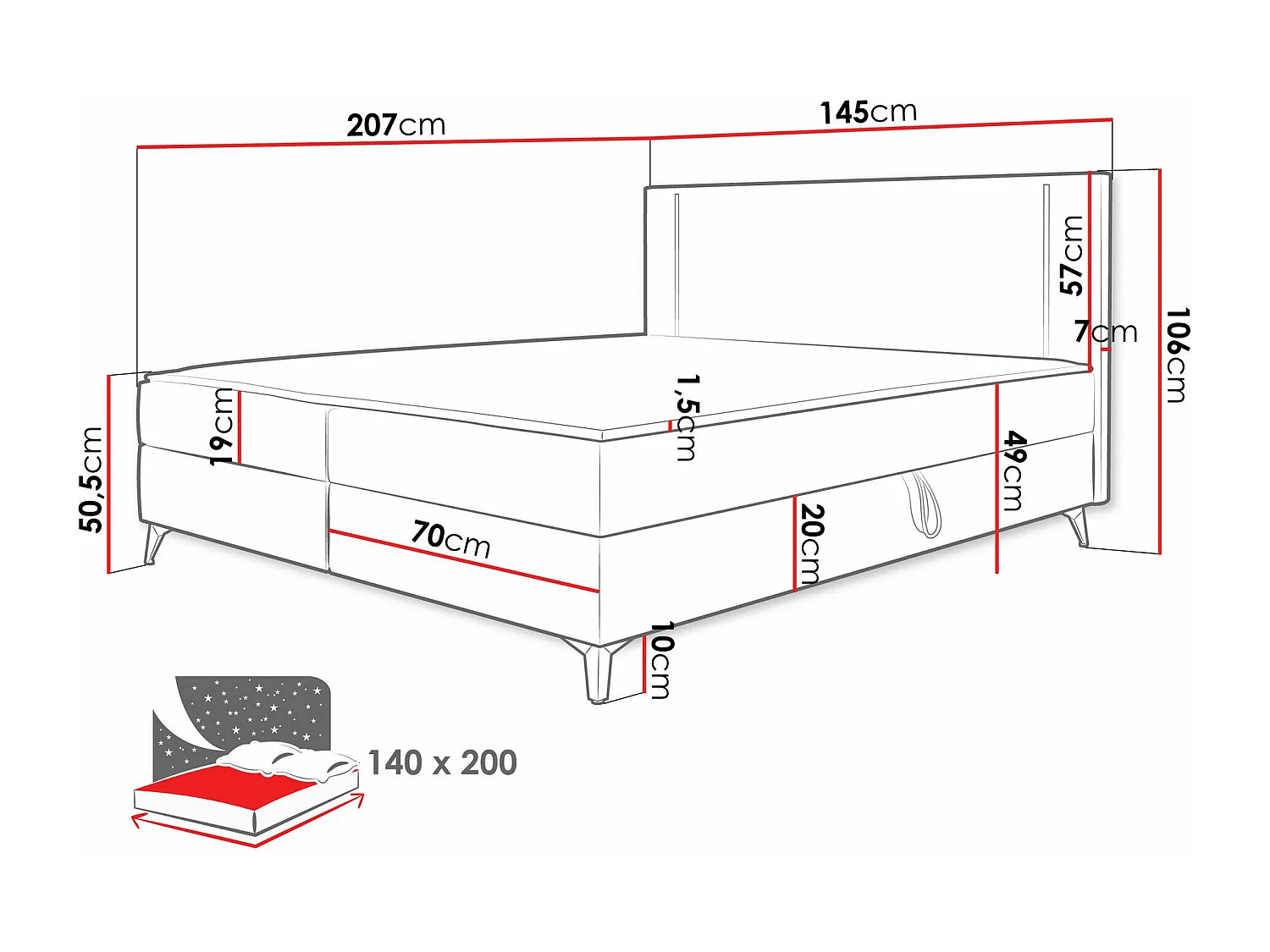 Cama continental Memphis 147, Continental, Cinzento, Tecido