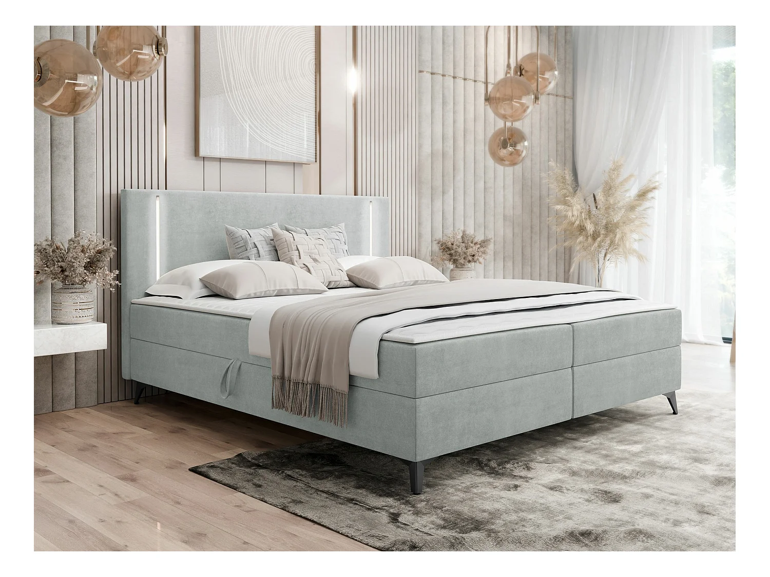 Lit continental Memphis 147, Continental, Double, Gris, 140x200, Tapisserie, 145x207cm