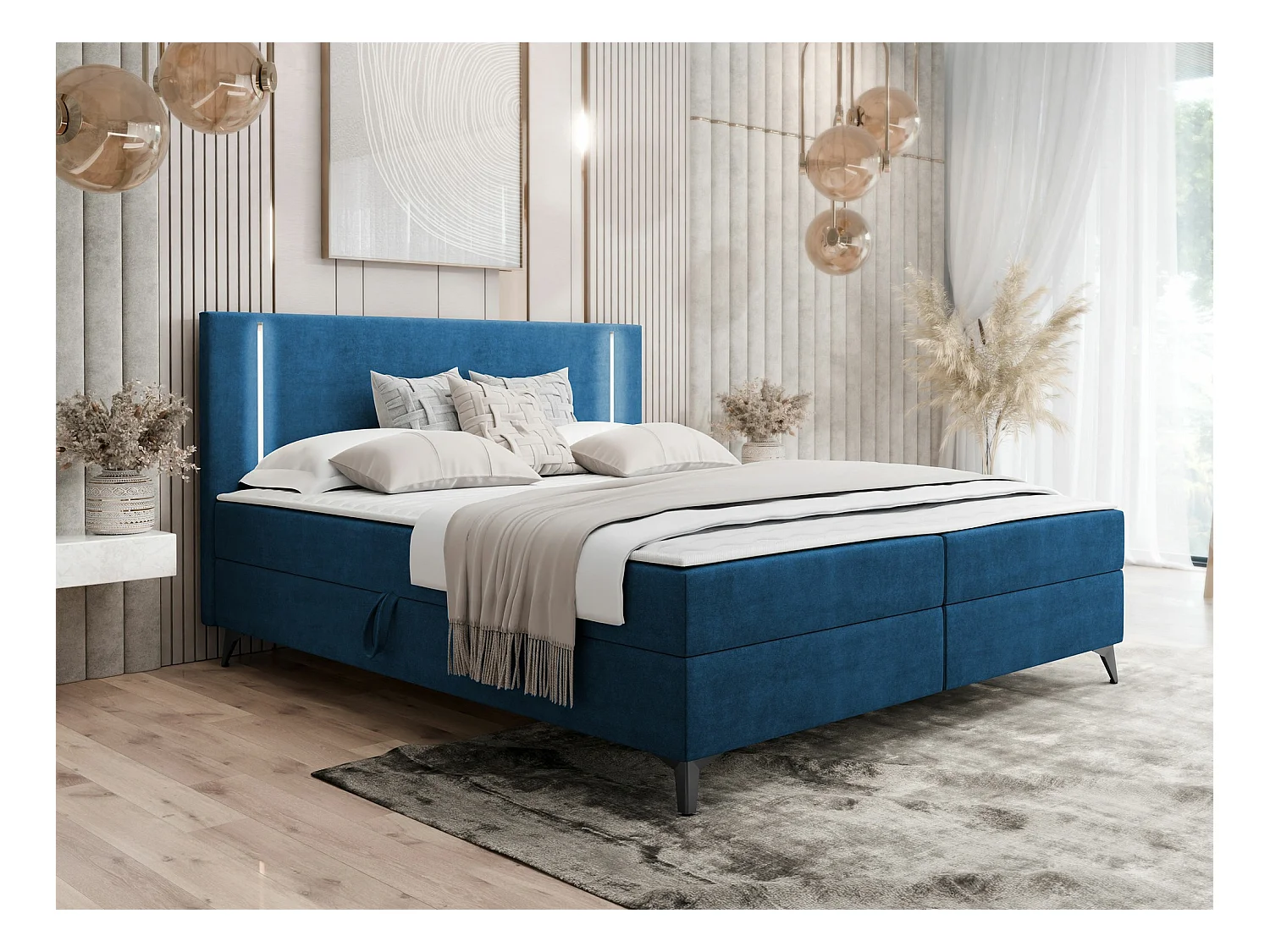 Lit continental Memphis 147, Continental, Double, Bleu, 140x200, Tapisserie, 145x207cm