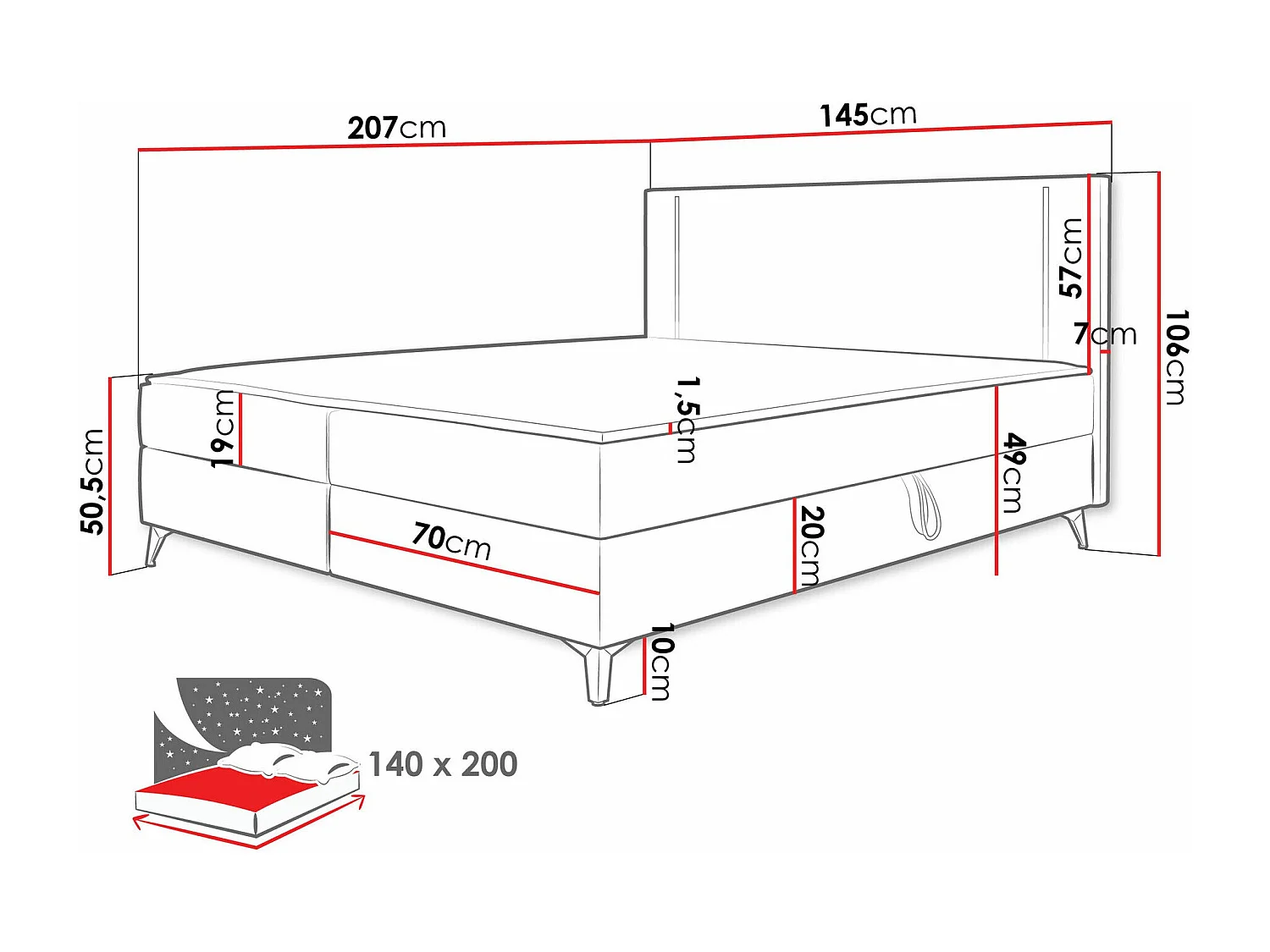Cama continental Memphis 147, Continental, Cinzento, Tecido
