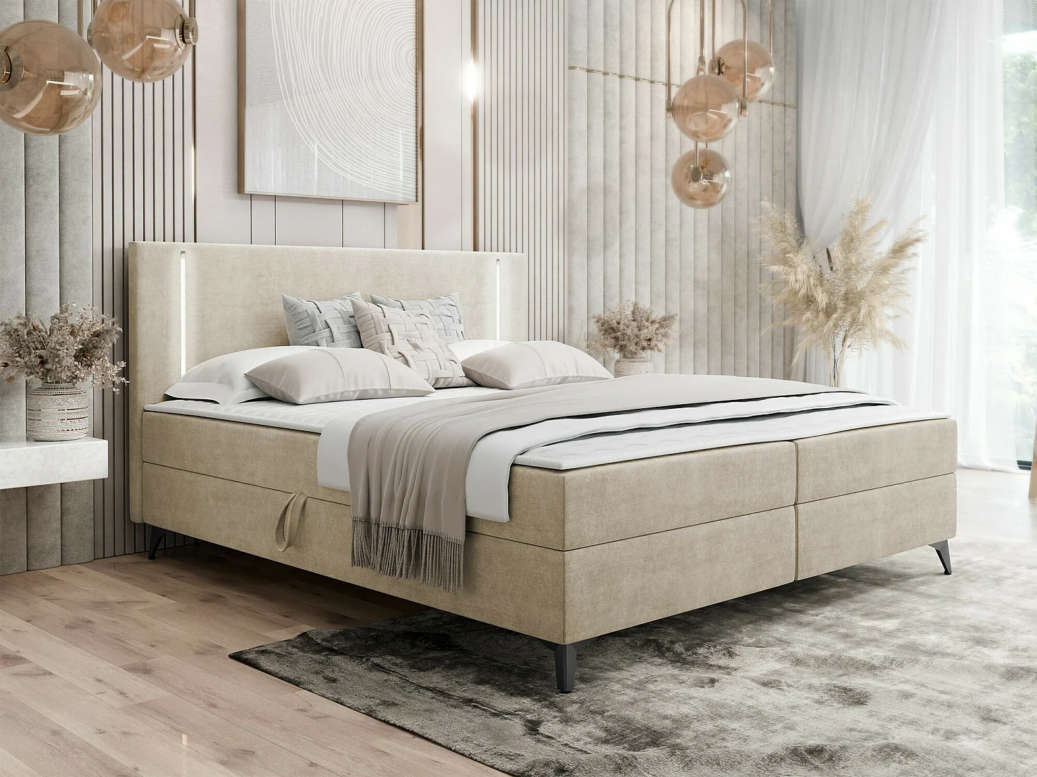 Cama continental Memphis 147, Continental, Doble, De color marrón claro, 200x200, Tapiz,