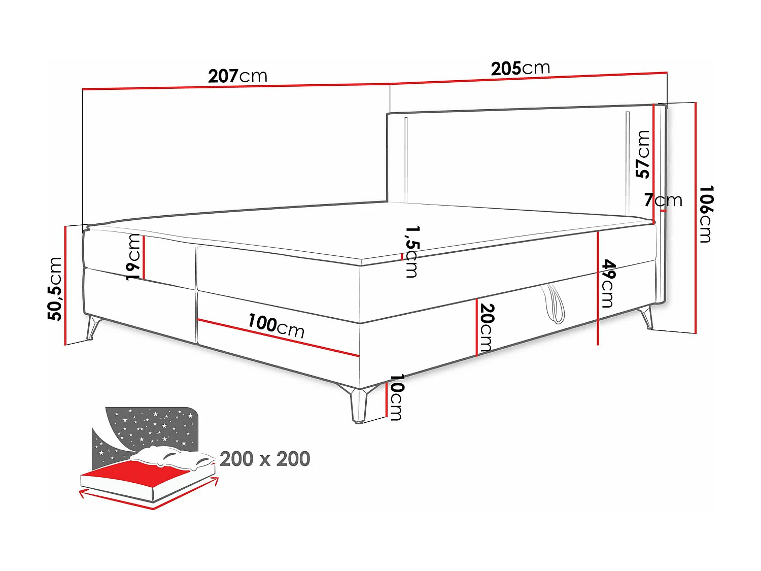 Cama continental Memphis 147, Continental, Doble, Rosa, 200x200, Tapiz, Somieres, 205cm