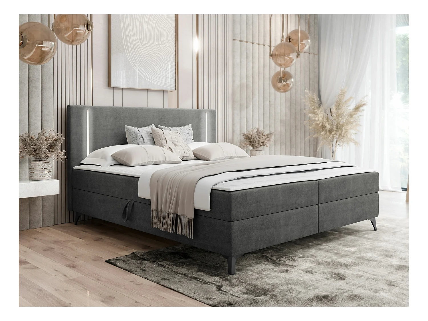 Cama continental Memphis 147, Continental, Cinzento, Tecido