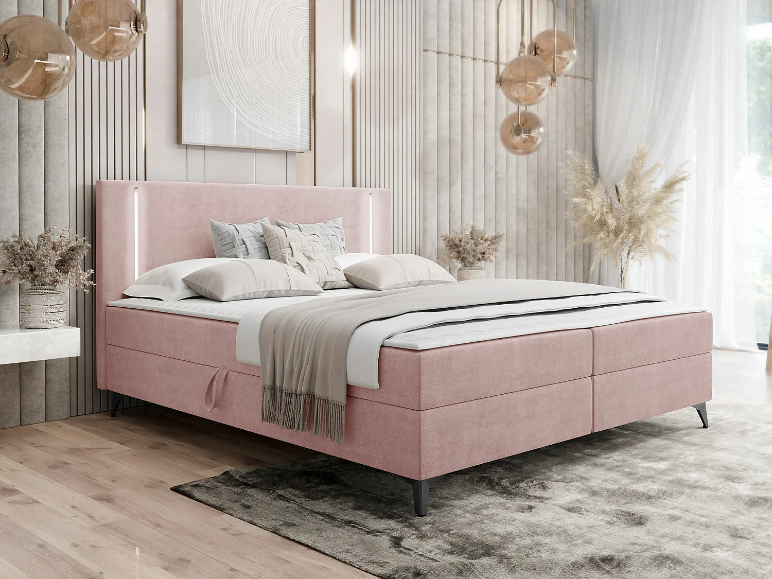 Cama continental Memphis 147, Continental, Doble, Rosa, 180x200, Tapiz, Somieres, 185cm