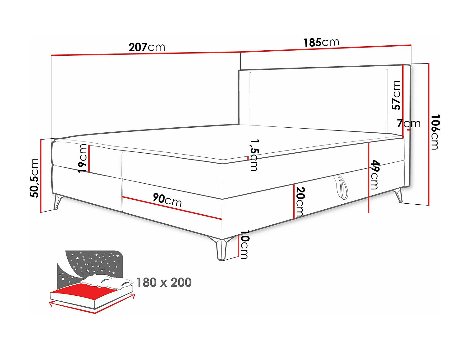Cama continental Memphis 147, Continental, Doble, Rosa, 180x200, Tapiz, Somieres, 185cm