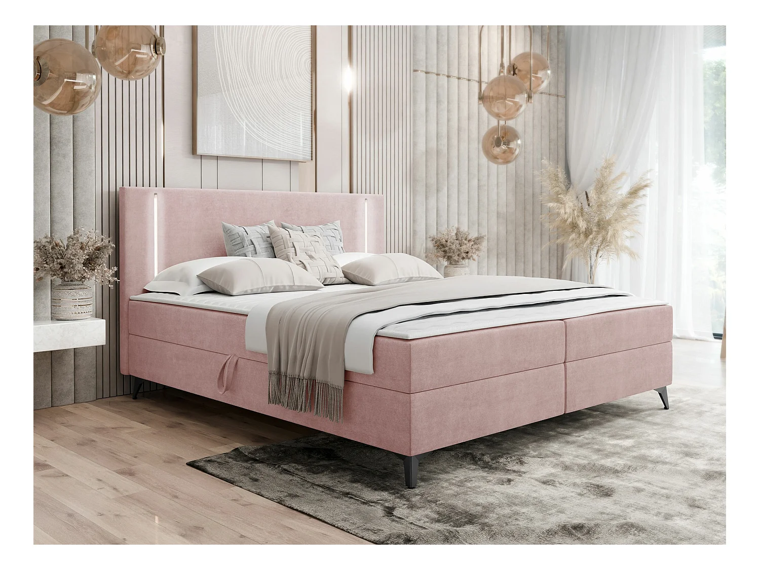 Lit continental Memphis 147, Continental, Double, Rose, 140x200, Tapisserie, 145x207cm