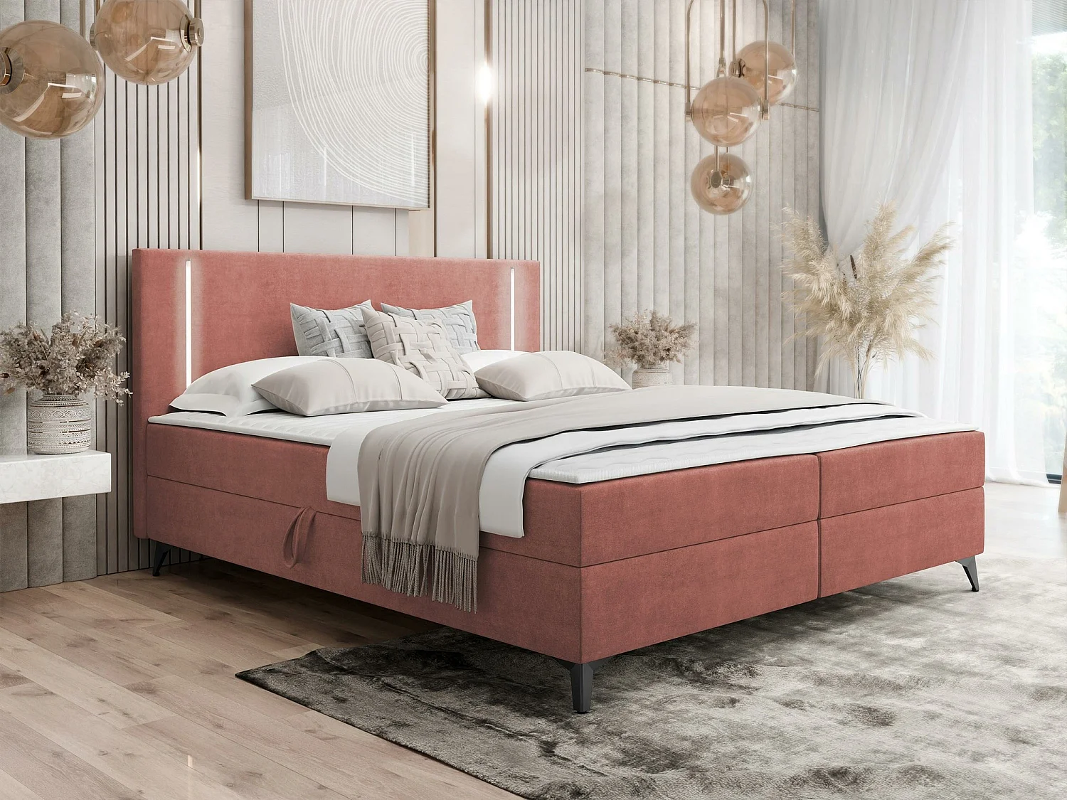 Lit continental Memphis 147, Double, Continental, Rose, 180x200, Tissu, Disponible, 185cm