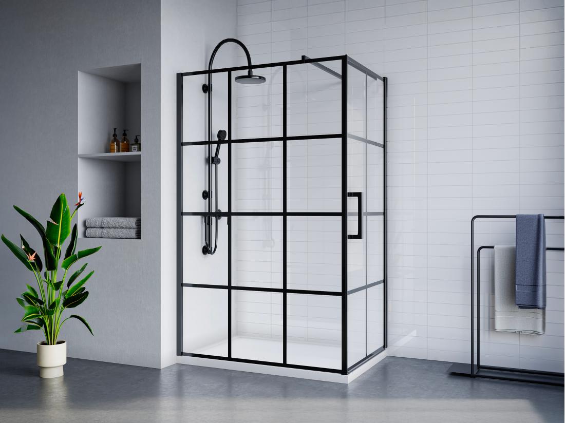 vente unique Paroi de douche fixe avec porte pivotante serigraphiée noir mat - 120 x 80 x 190 cm - CAPARICA