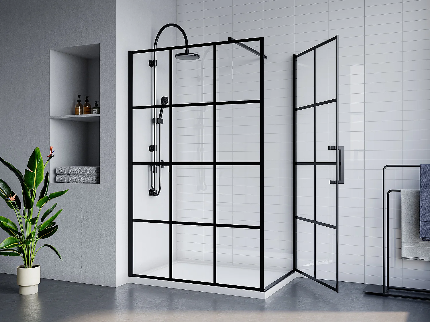 Vaste douchewand met draaideur met bedrukking, mat zwart, 120 x 80 x 190 cm - CAPARICA