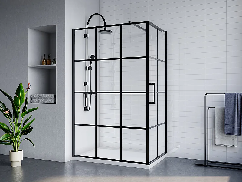 Paroi de douche fixe avec porte pivotante serigraphiée noir mat - 120 x 80 x 190 cm - CAPARICA