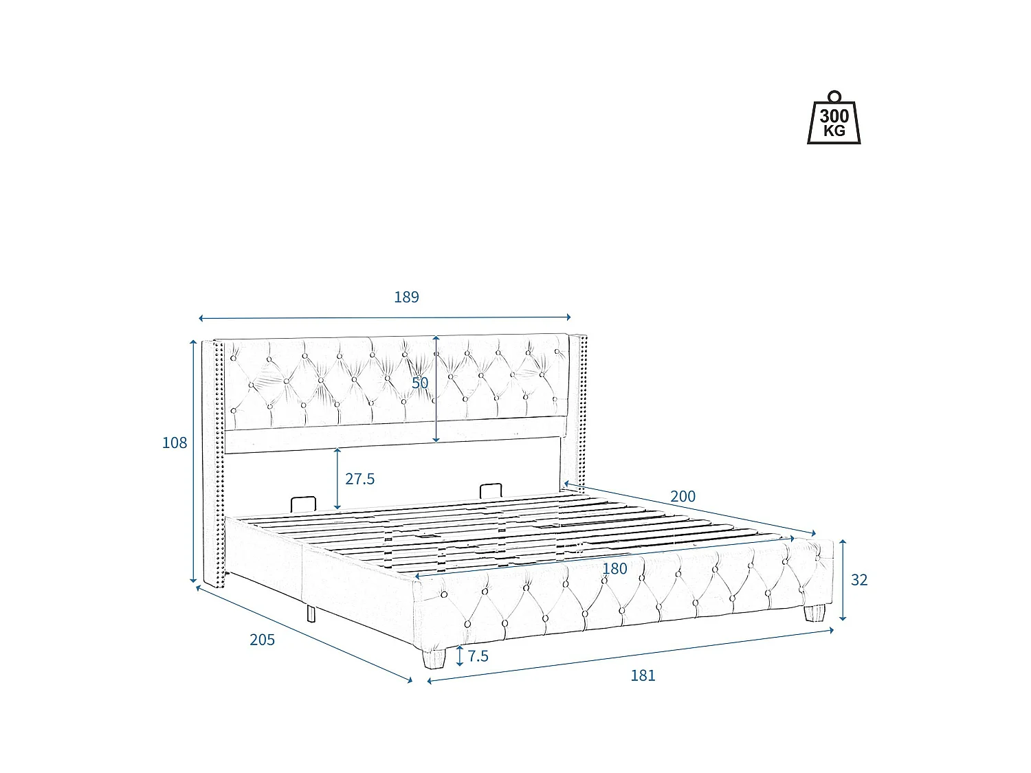 Samtgepolstertes Erwachsenenbett – 180 x 200 cm – mit Lattenrost – Grau
