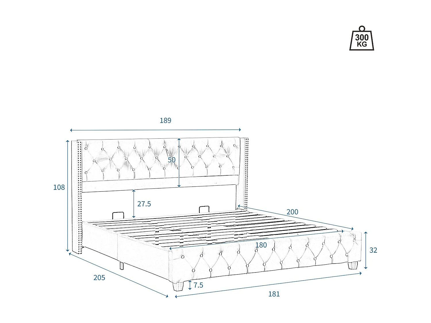 Samtgepolstertes Erwachsenenbett – 180 x 200 cm – mit Lattenrost – Grau