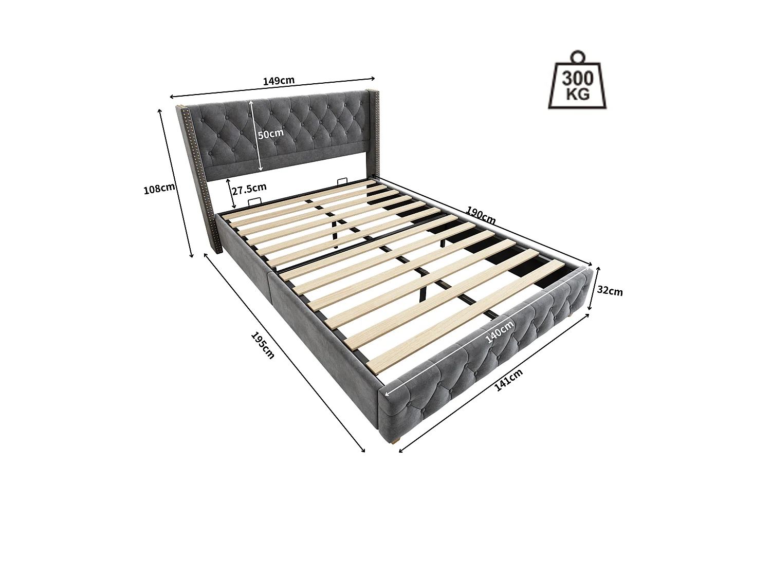 Lit 140x190cm rembourré en velours - avec sommier à lattes - Gris