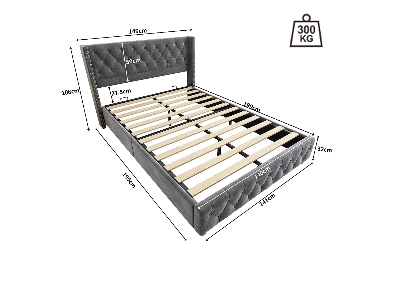 Lit 140x190cm rembourré en velours - avec sommier à lattes - Gris