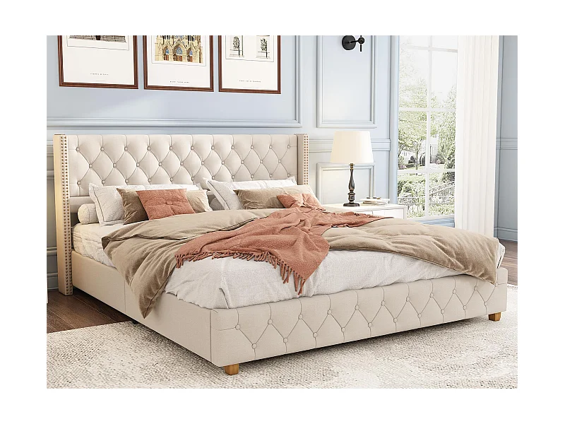 Mit Leinen gepolstertes Erwachsenenbett – 140 x 190 cm – mit Lattenrost – Beige