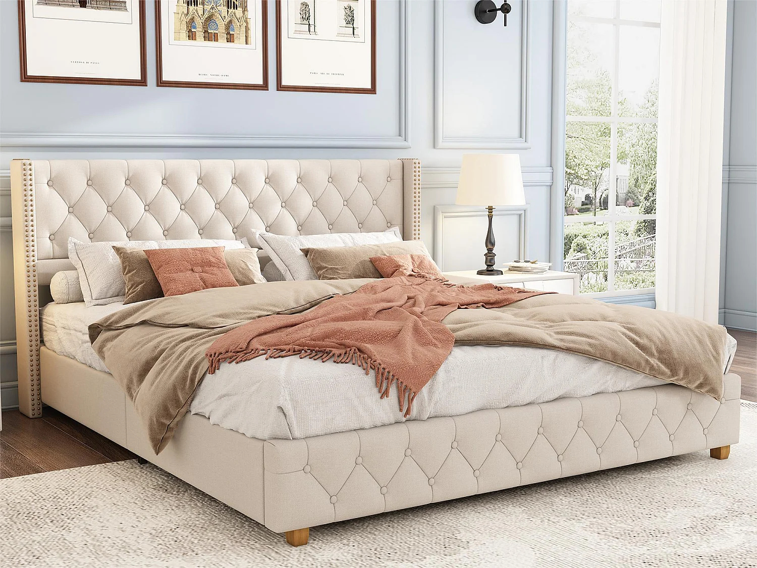 Met linnen opgevuld volwassenenbed - 140x190 cm - met lattenbodem - Beige