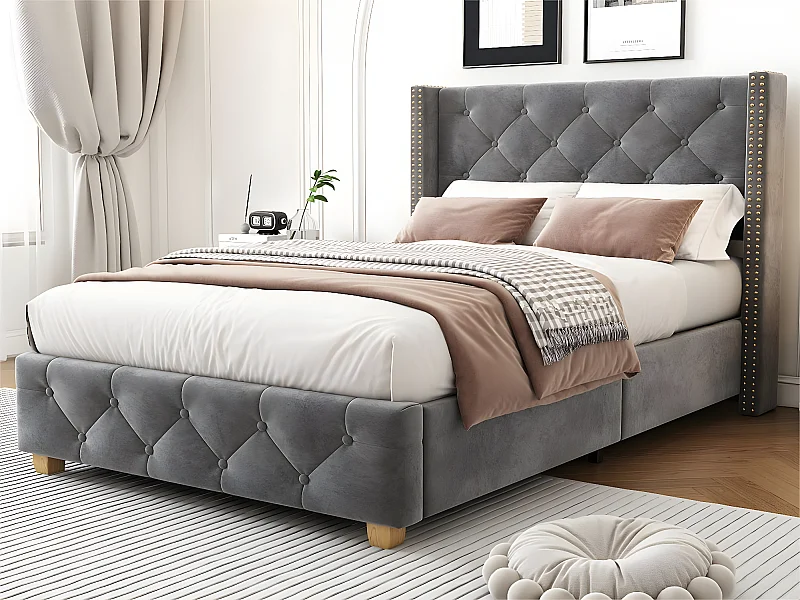 Eenpersoonsbed bekleed met fluweel - 90x200cm - met lattenbodem - Grijs