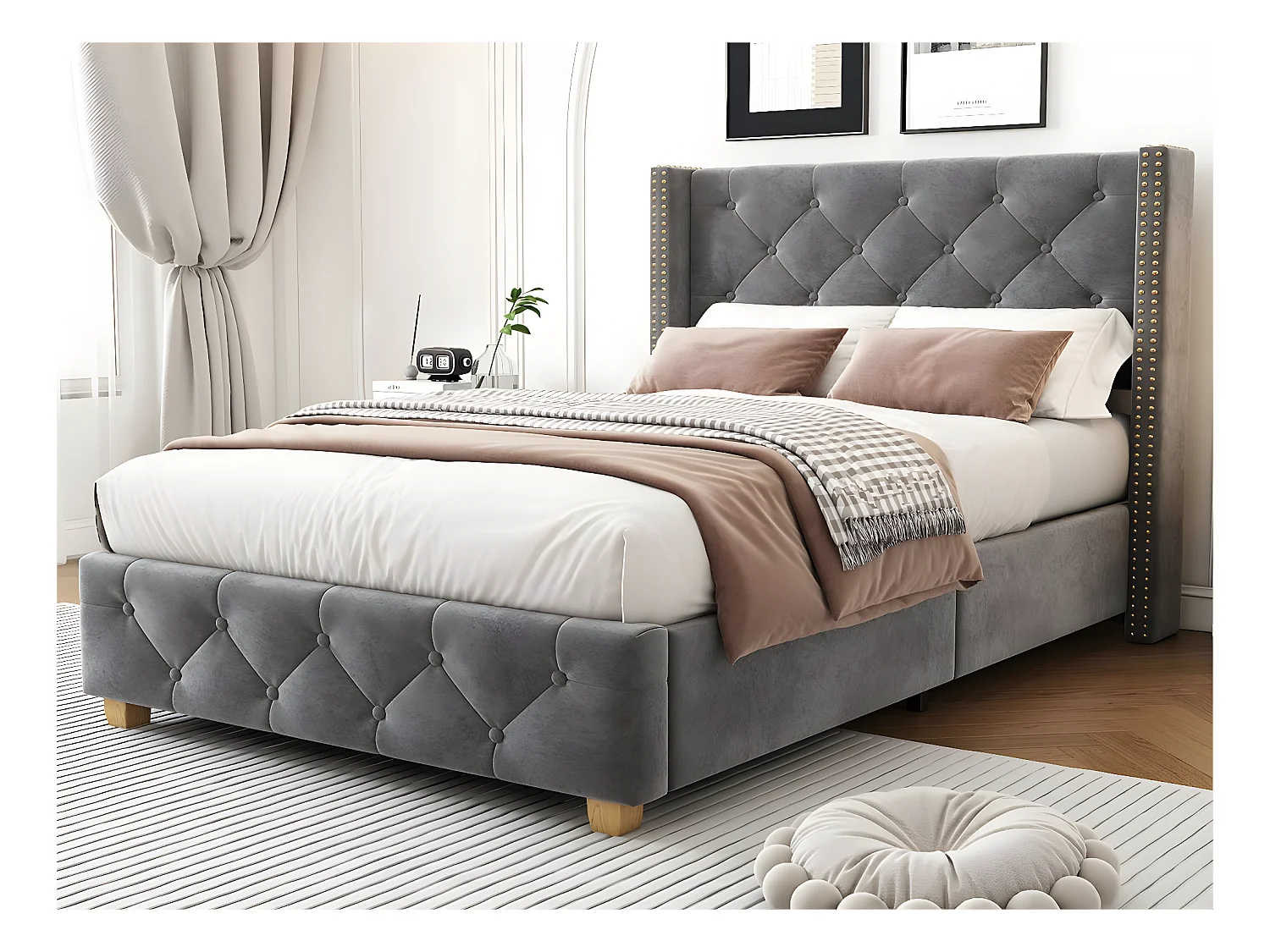 Einzelbett mit Samtbezug – 90 x 200 cm – mit Lattenrost – Grau