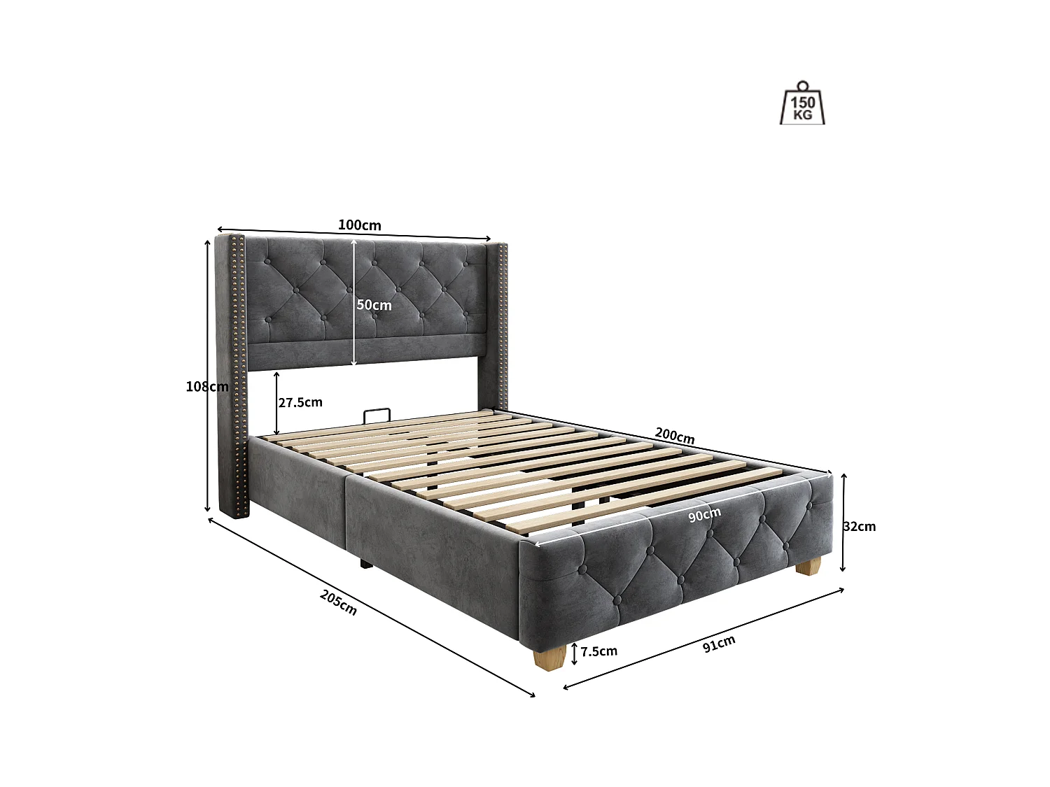Lit 90x200cm rembourré en velours - avec sommier à lattes - Gris