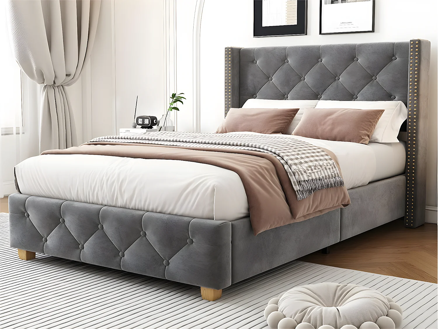 Letto singolo rivestito in velluto - 90x200 cm - con rete a doghe - Grigio