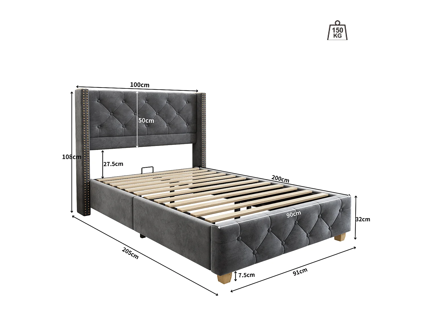 Letto singolo rivestito in velluto - 90x200 cm - con rete a doghe - Grigio